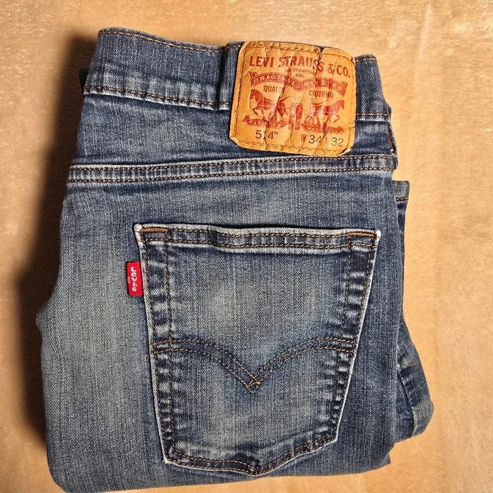 Levis 514 Straight Fit Mens Jeans W34 L32 Medium Wash Faded Whiskered Blue Denim